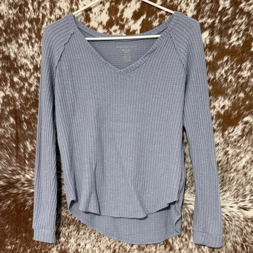 American Eagle Outfitters Waffle-Knit Long Sleeve Top in Light Blue
